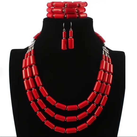 Jewelry - Red 3 Piece Multi Layered Necklace Set